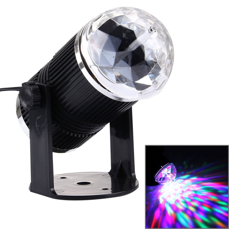 Black mini rotating LED stage light with clear disco ball head and EU power cord