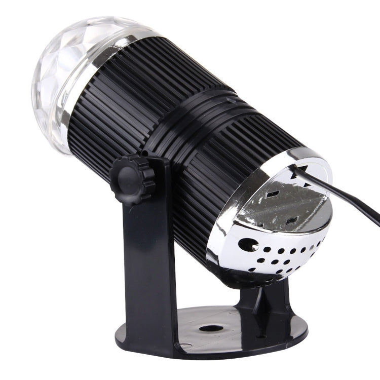 Black mini LED stage light with ribbed barrel and clear rotating disco ball lens