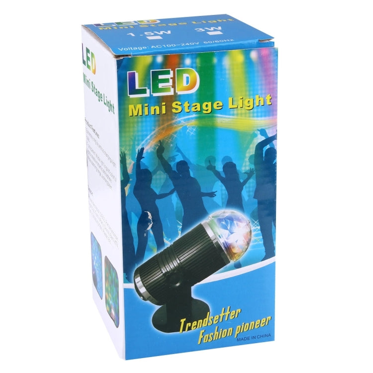 LED mini stage light retail box with black rotating spotlight and disco-ball image