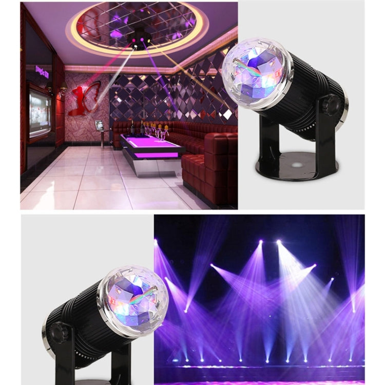 Mini LED stage light with disco ball head projecting multicolor light beams