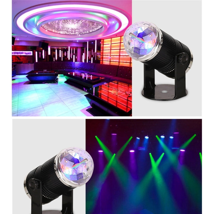 Mini LED stage light with disco ball head projecting pink, green, and purple beams