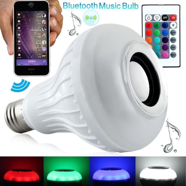 Smart LED music bulb with white housing and E26 base, shown with color remote