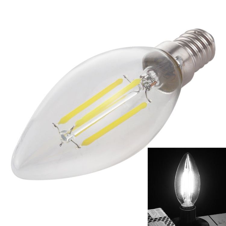 Retro LED filament bulb with clear glass and E14 screw base, cool white filaments