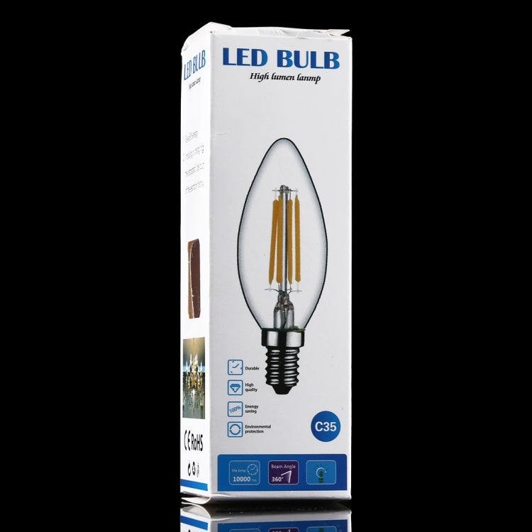 C35 LED bulb retail box with clear bulb illustration and E14 screw base
