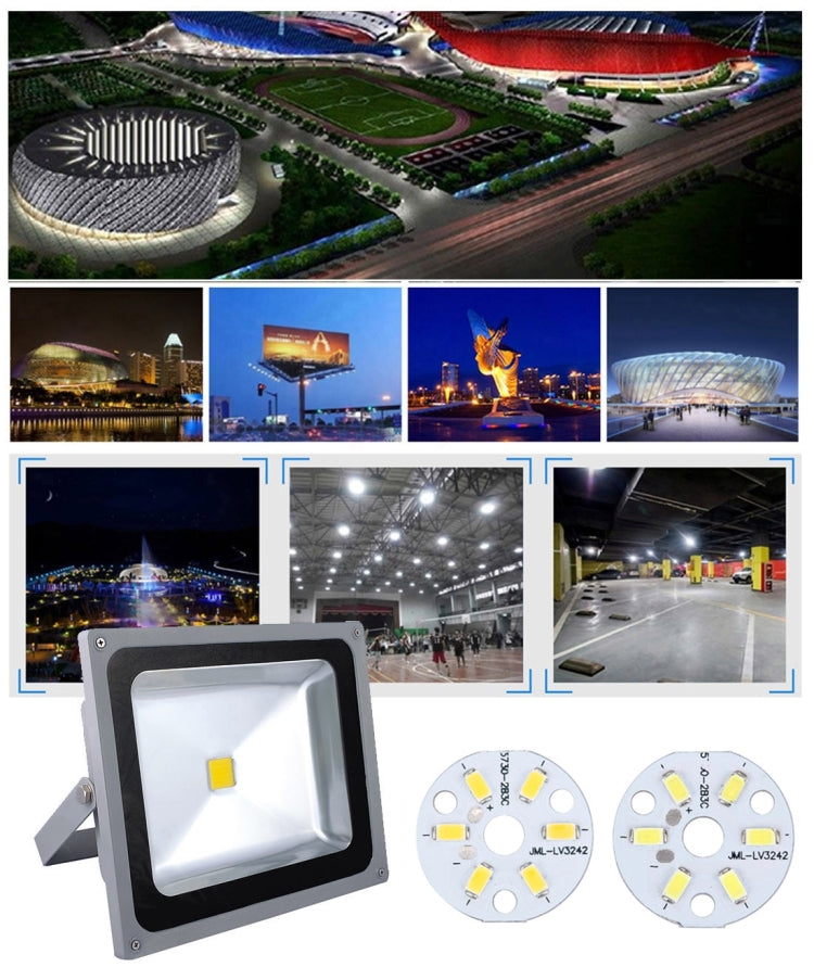 Square LED flood light housing with mounting bracket; small circular LED modules shown