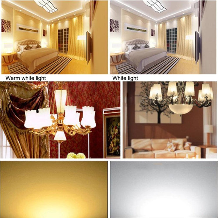 Room scenes showing warm white and white lighting from the LED bulb