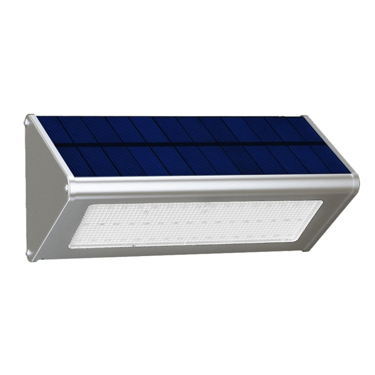 Triangular solar wall light in silver with blue solar panel and rectangular LED panel