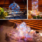 Blue LED fairy lights in glass dome jar and bottle, glowing wire strands