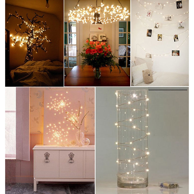 LED fairy string lights illuminating home decor with glowing wire strands and glass jars