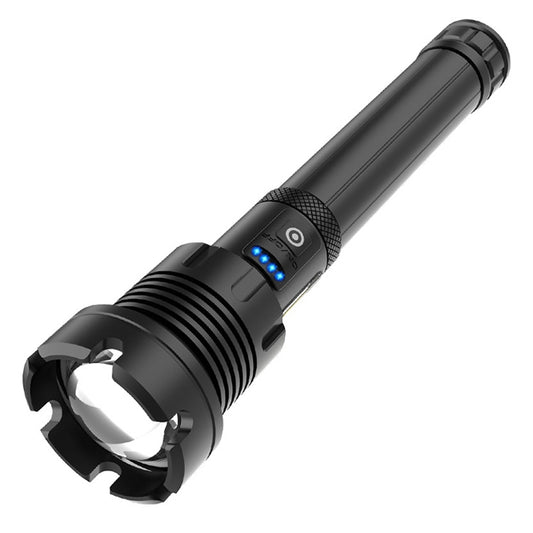 Black P90 LED flashlight with wide head, textured grip, and glowing front beam
