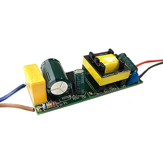 Isolated LED driver PCB power supply with transformer and capacitors, red/blue wires