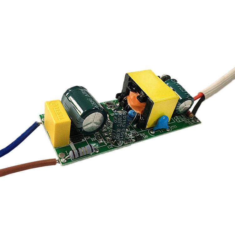 LED driver adapter PCB with yellow transformer and connected wire leads