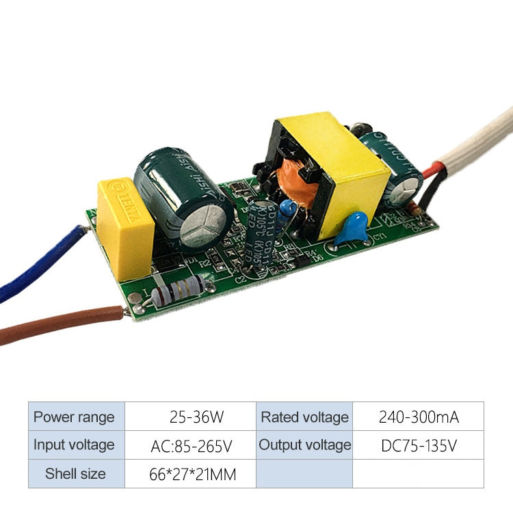 LED driver adapter PCB with yellow transformer, green circuit board, and wire leads