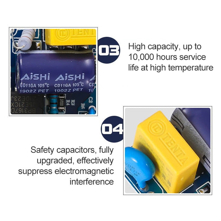 LED driver adapter PCB close-up with safety capacitors and yellow terminal block