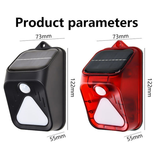Solar alarm light in dark and red housings with solar panel and motion-sensing lens