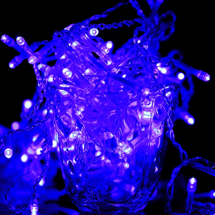 Blue glowing LED icicle-style string lights with clear plastic light bars and wires