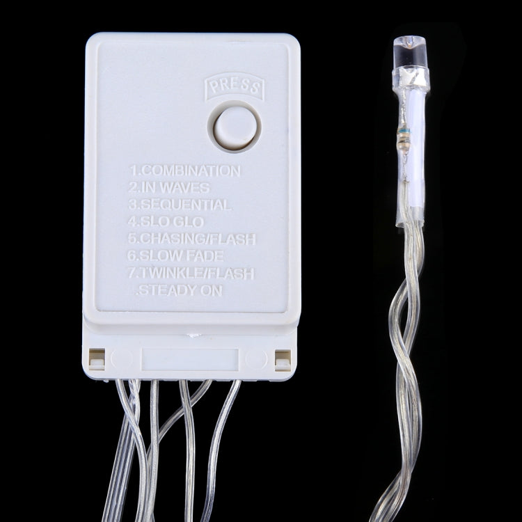White multi-function controller for LED string lights with press button and wire leads