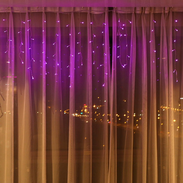 Purple LED icicle-style curtain string lights hanging with clear hanging bar ends