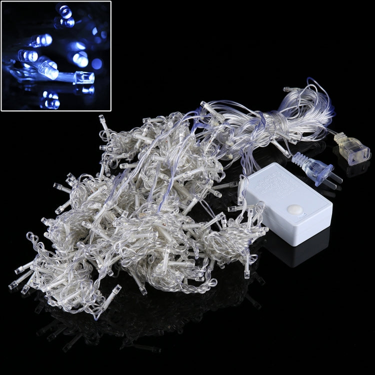 LED curtain string lights with controller, white wire and clear bulbs (white light).