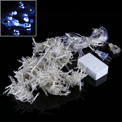 LED curtain string lights with controller, white wire and clear bulbs (white light).