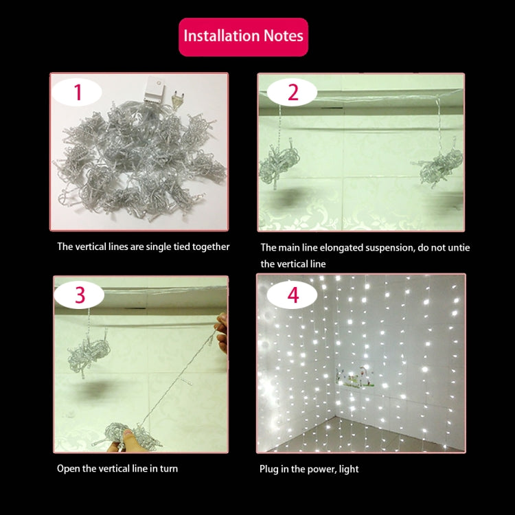 LED curtain light installation notes diagram with numbered setup steps.