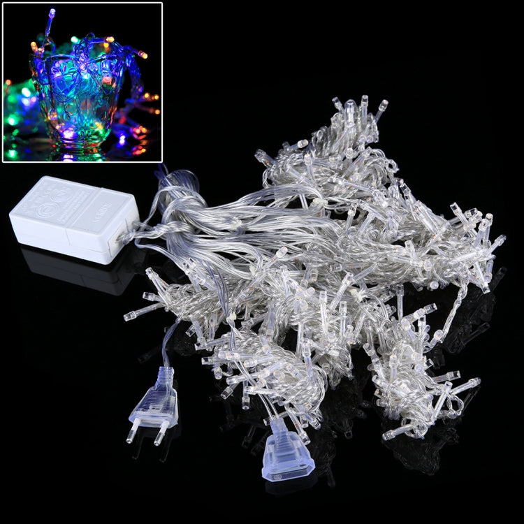 Color-changing LED curtain string lights with clear bulbs and controller box