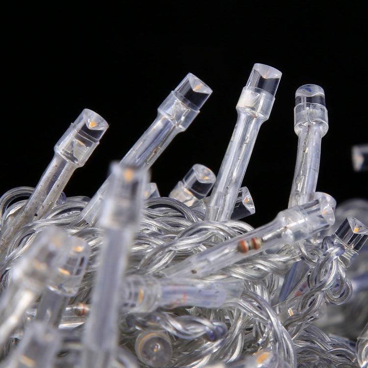 Close-up of clear LED bulbs on a transparent curtain light string