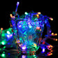 Colorful LED reticular string lights glowing on clear wires