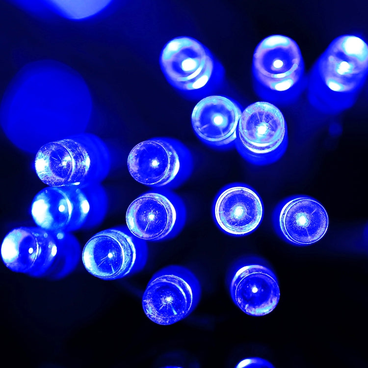 Blue glowing LED bulbs on clear reticular string light cable