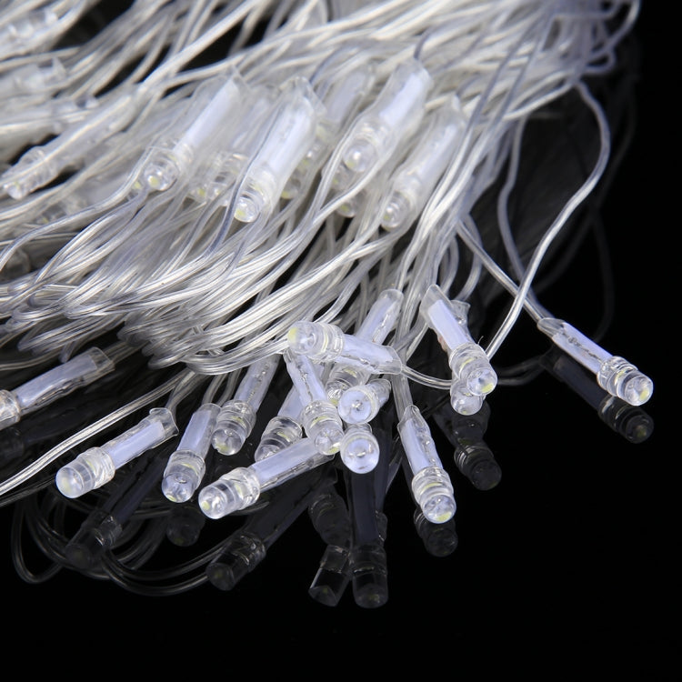 Close-up of clear LED bulbs on transparent string light wiring