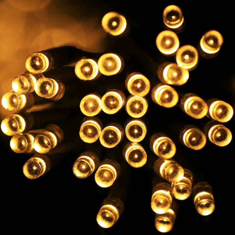 Warm yellow LED string lights with round bulbs and clear cable