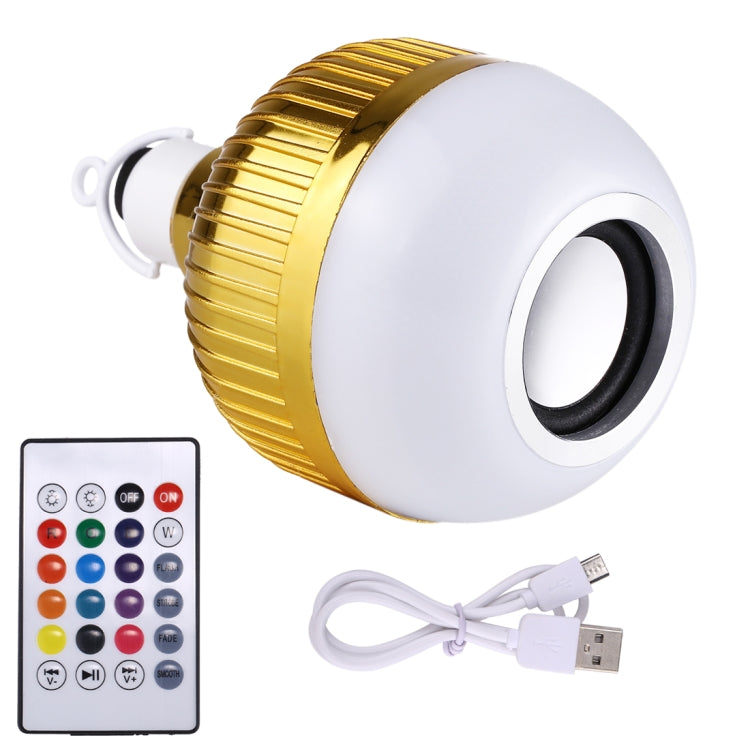 Gold-and-white LED music light bulb with side black speaker ring