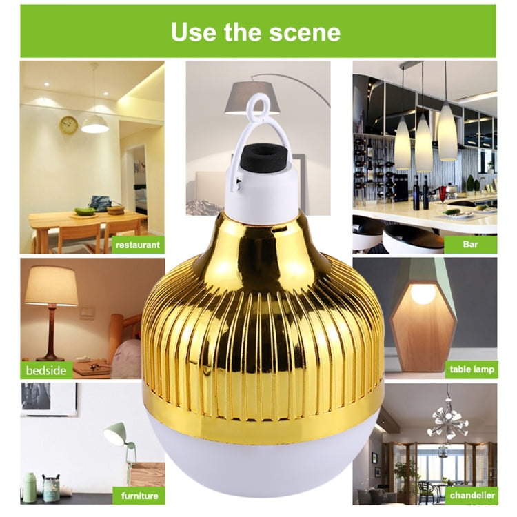 LED music light bulb product display with gold ribbed base and hanging hook
