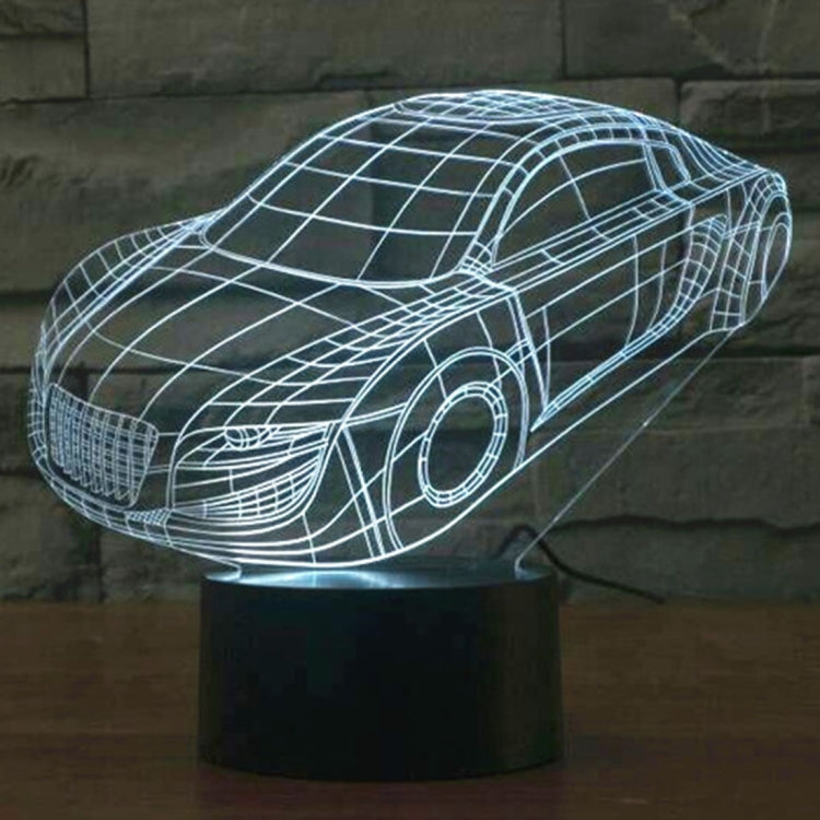 Car-shaped 3D LED night light lamp with blue wireframe glow on round black base