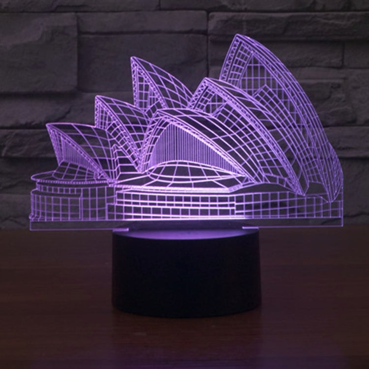Sydney Opera House style desk lamp with purple LED line art, on black base