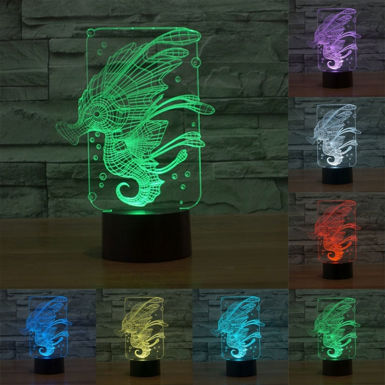 Hippocampus 3D desk lamp with glowing multicolor neon design on clear panel