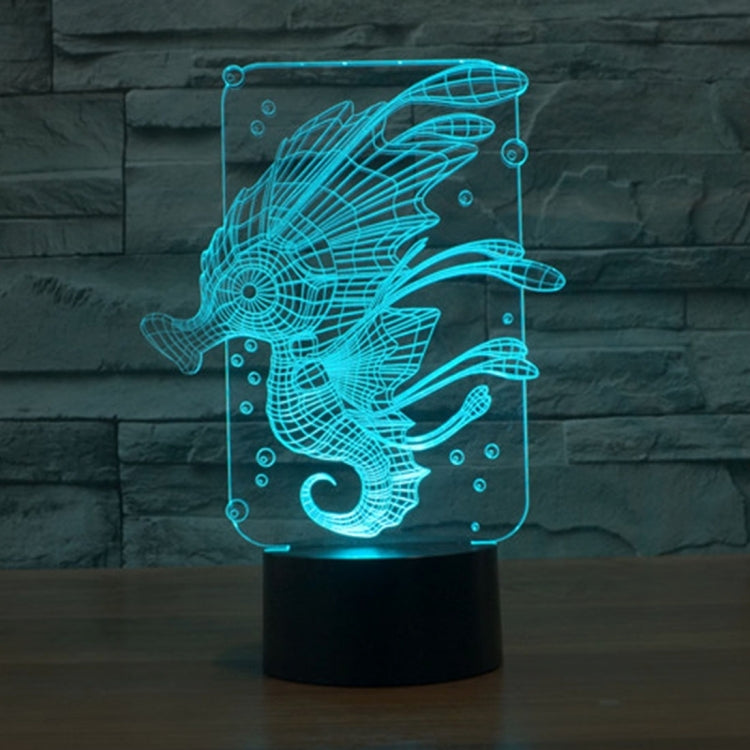 Hippocampus desk lamp night light with cyan glowing wireframe in clear box and black base