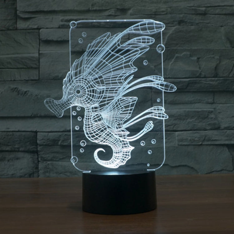Hippocampus desk lamp night light with white glowing wireframe in clear box and black base