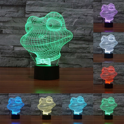 Green wireframe frog night light on black cylindrical base, glowing 3D stereo style