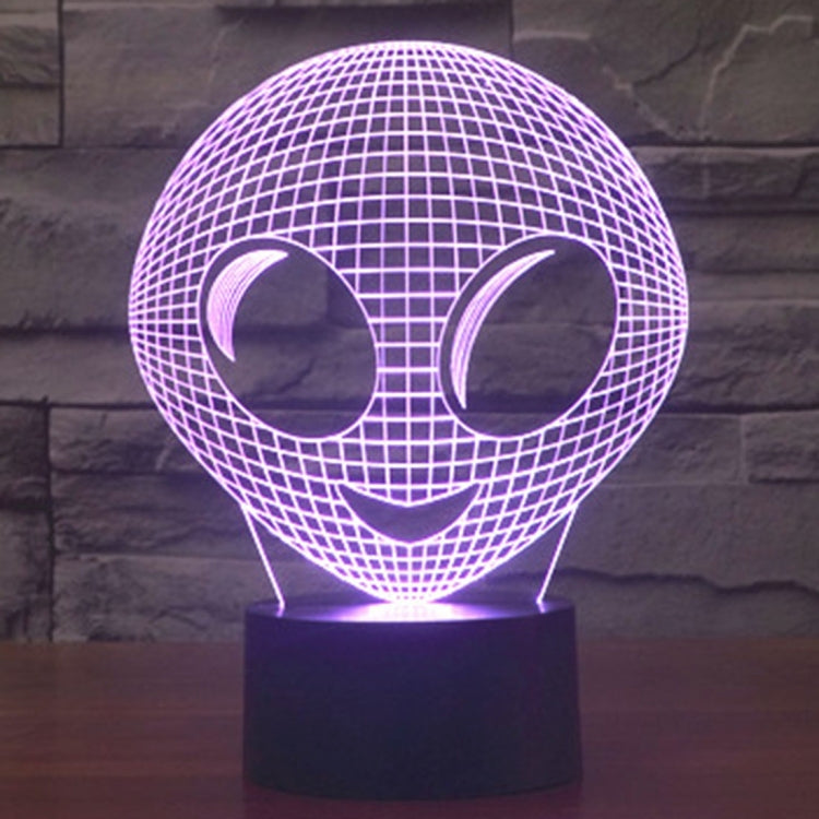 Alien face LED desk lamp with grid dome, purple glow, rounded eyes and smile, on base