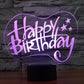 Happy Birthday neon heart desk lamp night light with purple glow and black base
