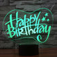 Happy Birthday 3D LED desk lamp glowing teal on black base