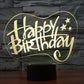 Happy Birthday 3D LED desk lamp glowing yellow on black base