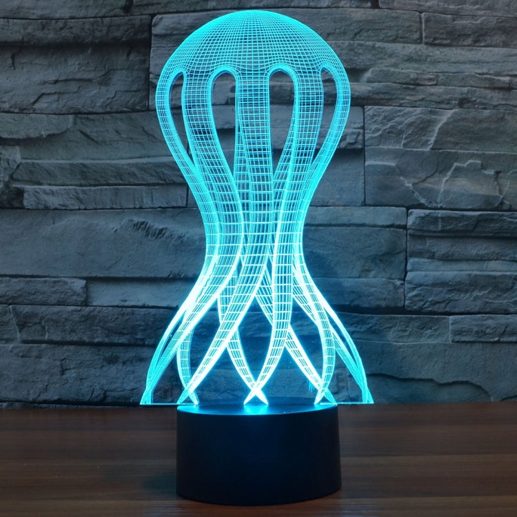 LED desk lamp with glowing cyan wireframe jellyfish style shade and black base