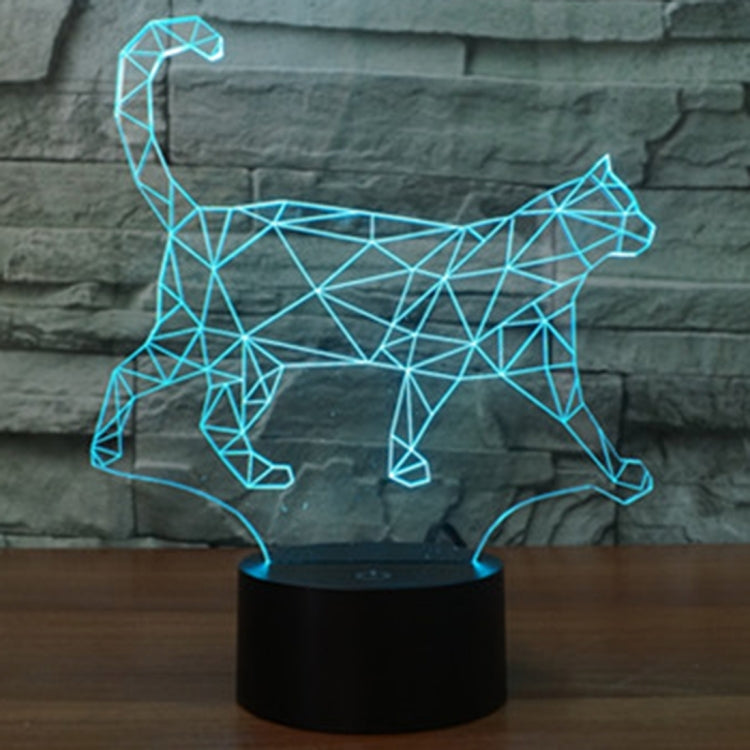 Geometric walking cat night light with blue glowing lines on a black base