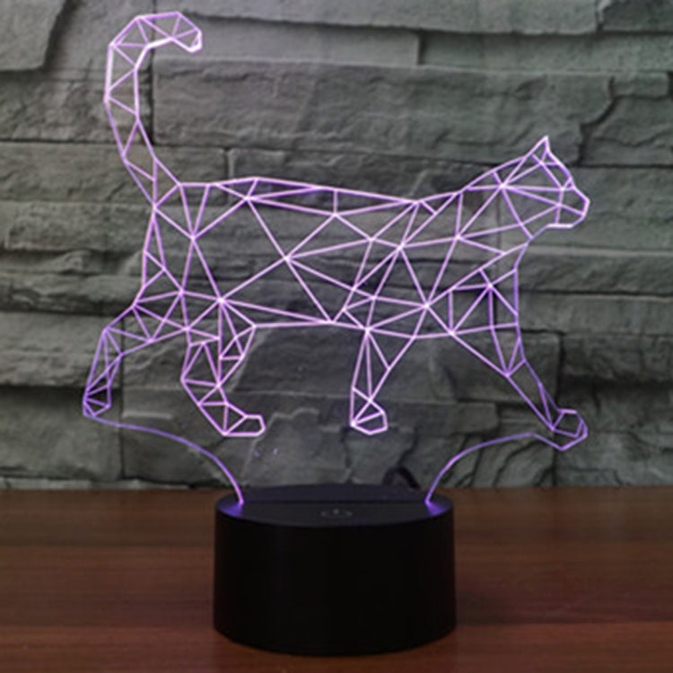 Geometric walking cat night light with purple glowing lines on a black base