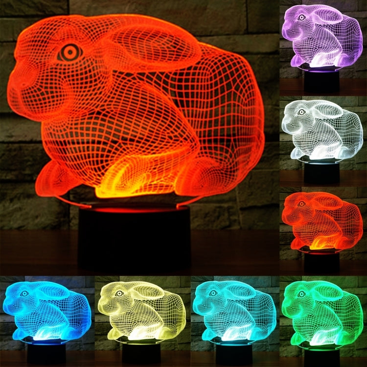 Rabbit-shaped 7-color desk lamp with glowing wireframe body, shown in multiple colors