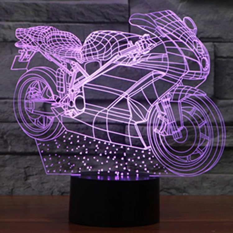Motorcycle-shaped LED night light with purple wireframe glow on black base