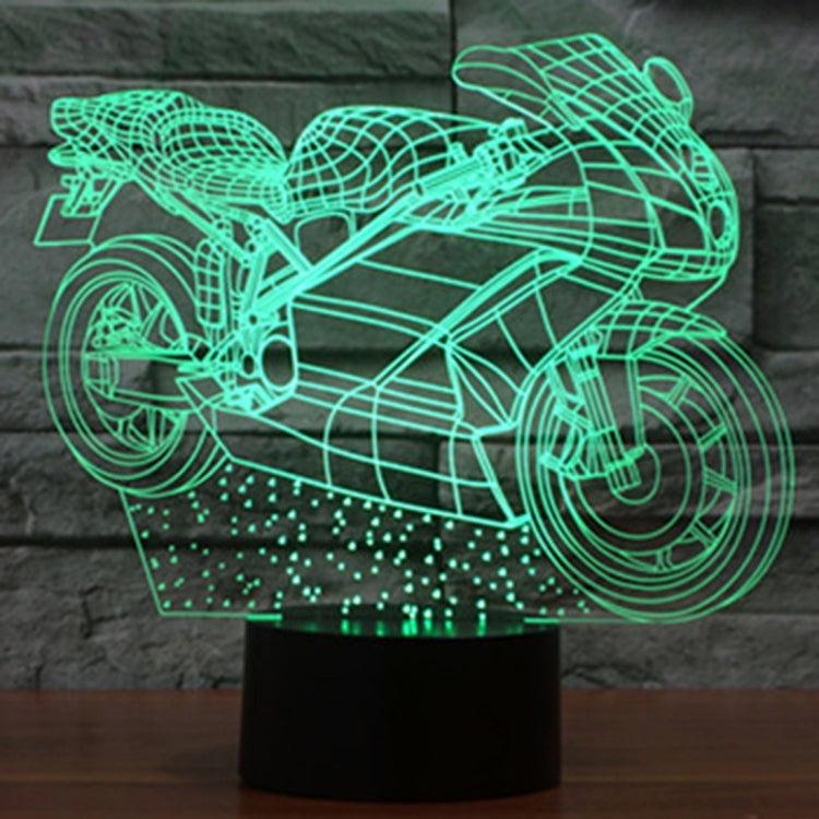 Motorcycle-shaped LED desk lamp, green glowing wireframe on black base