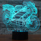 Motorcycle-shaped LED desk lamp, cyan-blue glowing wireframe on black base